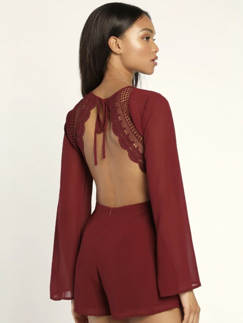 Lulus Poised and Playful Burgundy Long Sleeve Backless Romper NWT - Picture 2 of 9